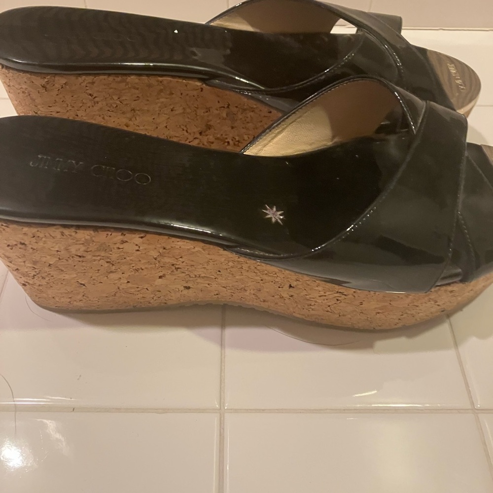 Jimmy Choo Patent Black Cork Wedge Sandals